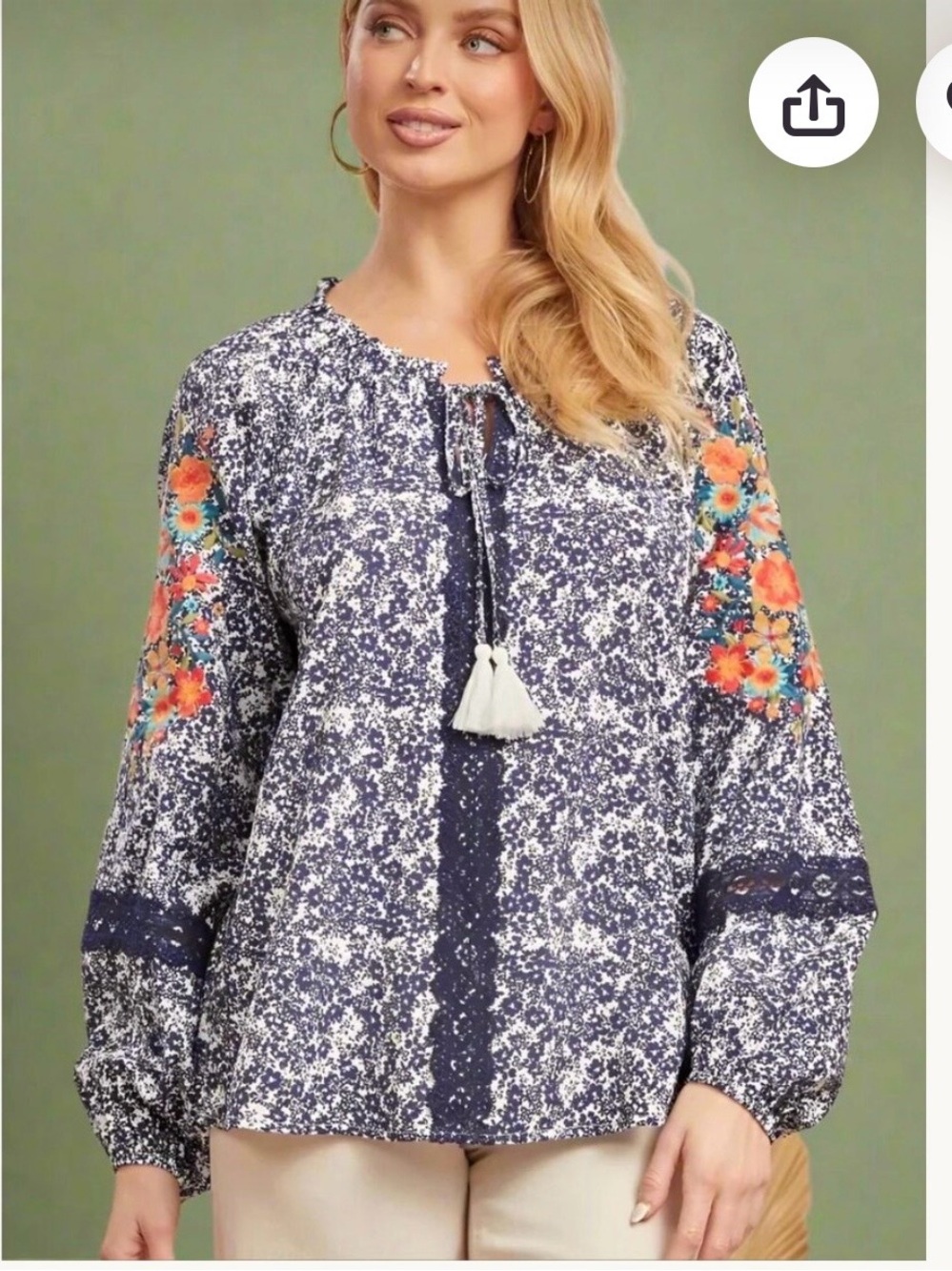 NWT Savanna Jane Floral Embroidered Navy Peasant Blouse